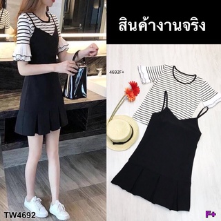 4692 Dress เอี๊ยมเดรส สายเดี่ยว + เสื้อริ้วแขน แต่งระบายพลีท