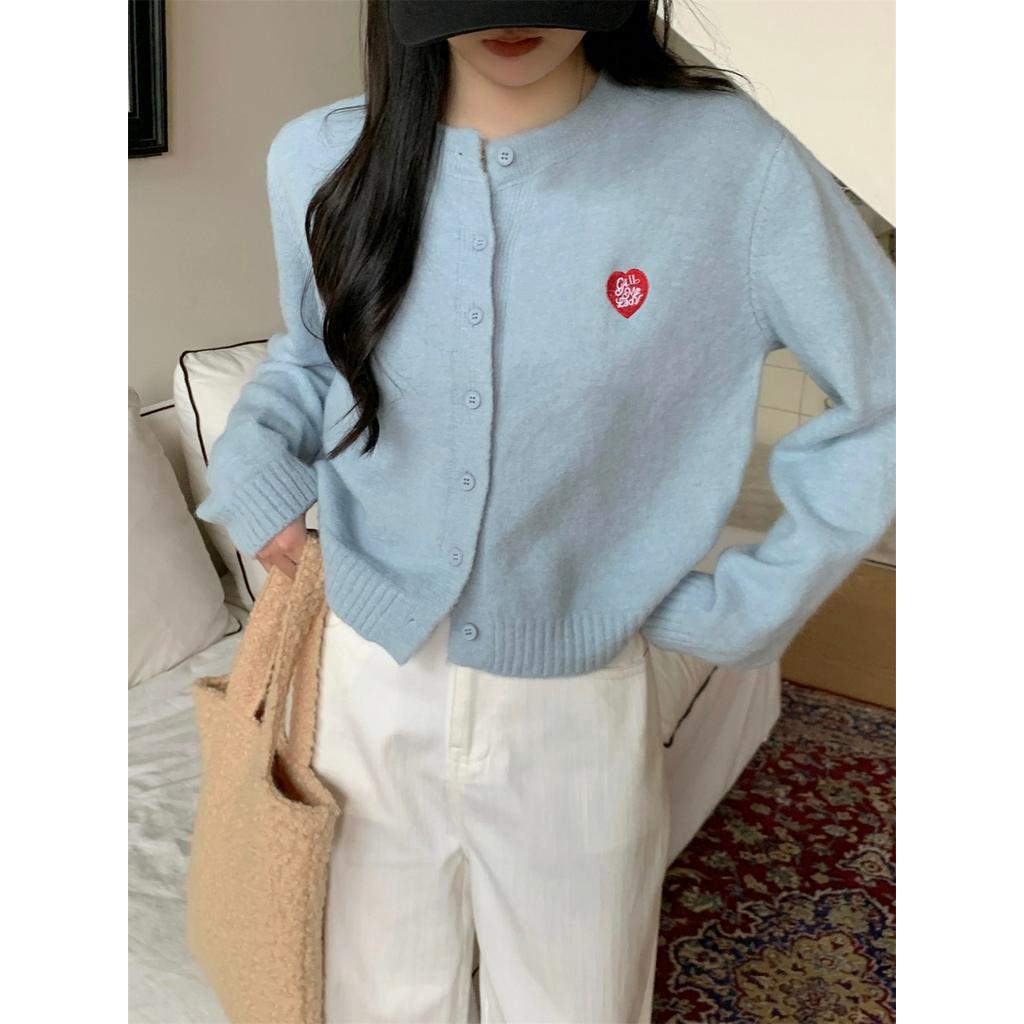 68443 เสื้อกันหนาวคาร์ดิแกน ผ้าถัก ปักลายหัวใจ ทรงหลวม สําหรับผู้หญิง