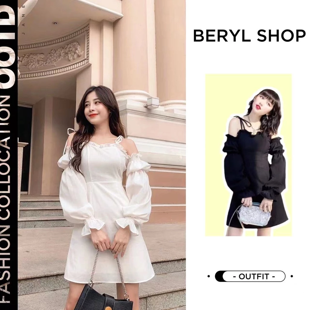 Beryl🌻เดรส🍄ชุดฝรั่งเศสเชื้อราขอบปิดไหล่แขนโคมไฟกระโปรงความรู้สึกของผู้หญิงของการออกแบบเฉพาะ