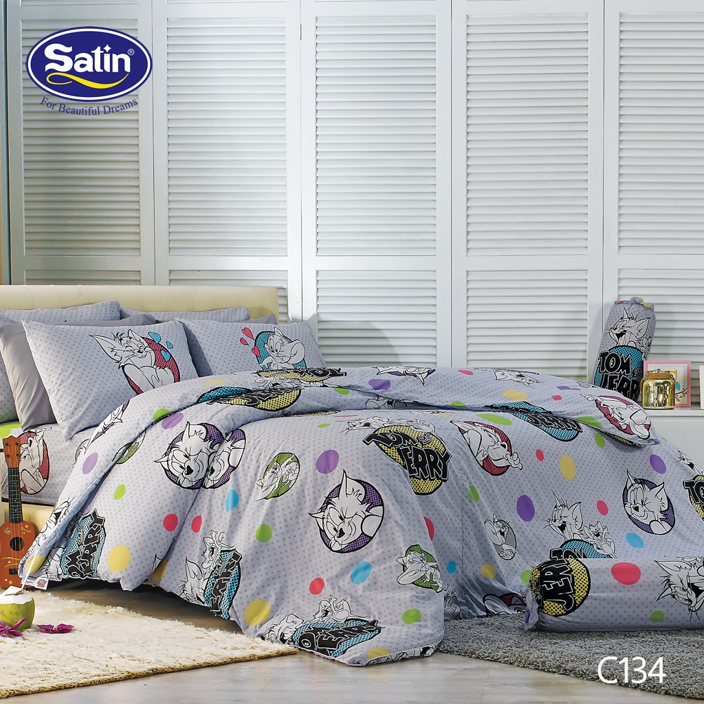 Satin Junior ผ้าปูที่นอน 6 ฟุต 5 ชิ้น (ไม่รวมผ้านวม) No.C134 Tom&Jerry