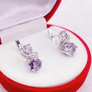 P6438 ต่างหูพลอยอเมทิสต์แท้ ( Amethyst ) แบบอิงลิชล็อค ตัวเรือนเงินแท้ 925 ชุบทองคำขาว