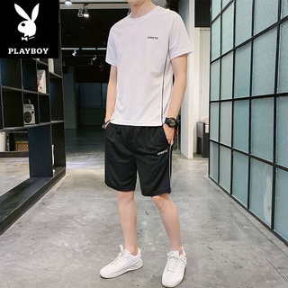 ♧ชุดผ้าไหมน้ำแข็งชายฤดูร้อนหลวมขนาดใหญ่ชุดกีฬาลำลองผู้ชายเสื้อยืดแขนสั้นห้าจุดกางเกงสูทผู้ชาย