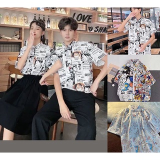 เสื้อเชิ้ตแขนสั้นลําลอง พิมพ์ลายการ์ตูน Onepiece Doraemon Mickey Mouse ทรงหลวม แฟชั่นฤดูร้อน สําหรับผู้ชาย และผู้หญิง