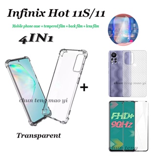 (4in1) เหมาะสำหรับ Infinix Hot 11S Hot 11 เคสโทรศัพท์มือถือ, เคสใสกันกระแทกโทรศัพท์มือถือ + ฟิล์มกระจกเทมเปอร์ + ฟิล์มหลังคาร์บอนไฟเบอร์ + ฟิล์มเลนส์กล้อง