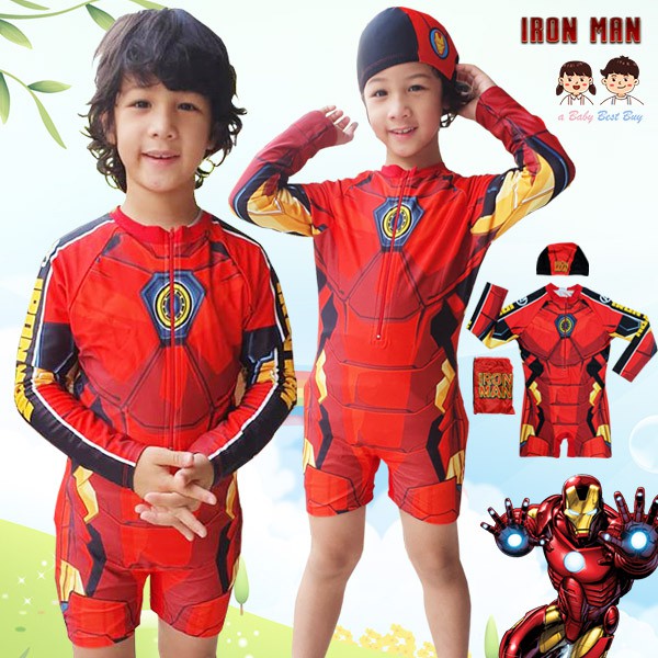 ชุดว่ายน้ำ เด็กผู้ชาย Super Hero Iron Man สีแดง บอดี้สูทแขนยาว กางเกงขาสั้น มาพร้อมหมวกว่ายน้ำและถุงผ้า