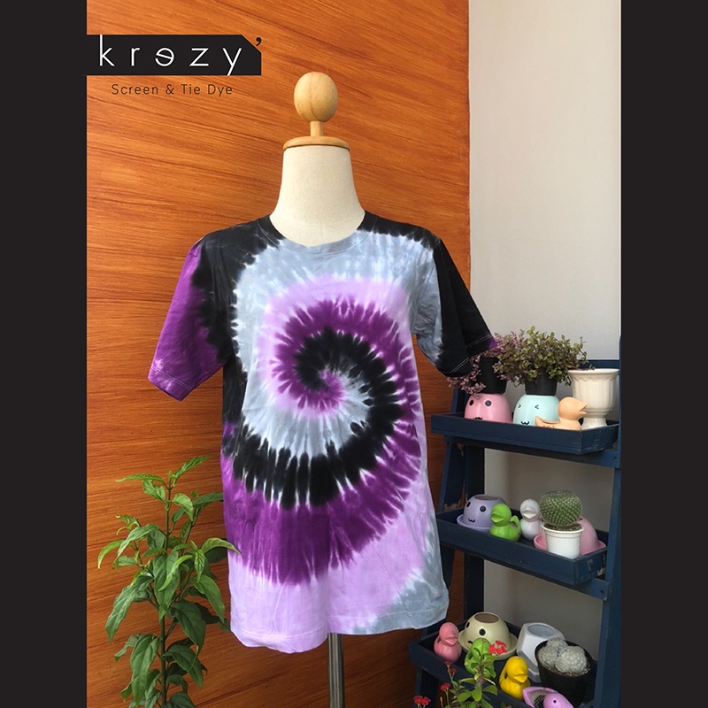 เสื้อมัดย้อม Krezy ลายก้นหอย ม่วงดำเทา เสื้อมัดย้อมสีสดใส สีไม่ตก ใส่แล้วเด่น เสื้อยืด เสื้อ cotton 