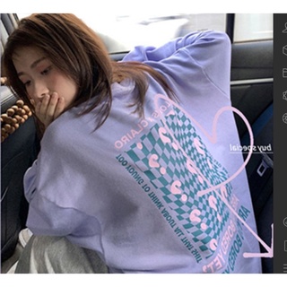 สีม่วง Checkerboard พิมพ์รอบคอเสื้อสเวตเตอร์ผู้หญิงต้นฤดูใบไม้ร่วงใหม่ Oversize เกาหลีสไตล์ขี้เกียจเสื้อสวมหัวนักเรียนผู้หญิงหลวมสบายๆแขนยาวทั้งหมดตรงกับเสื้อแจ็คเก็ต
