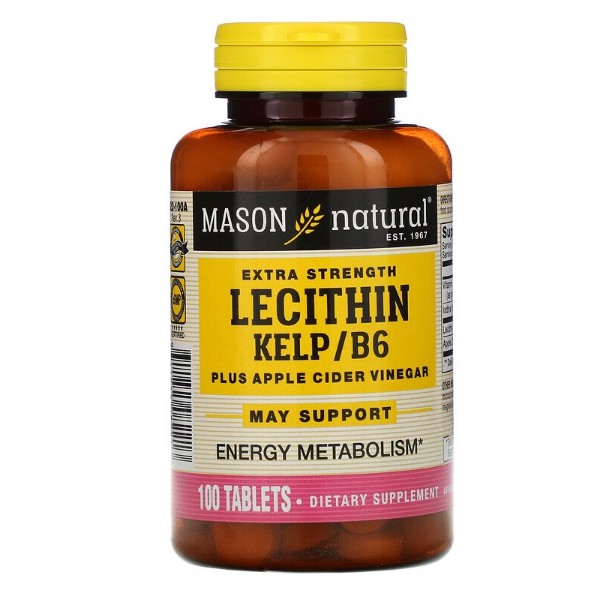 ลดน้ำหนักพร้อมบำรุงสมอง Mason Natural, Lecithin with Kelp/B6, Plus Cider Vinegar, Extra Strength, 100 Tablets