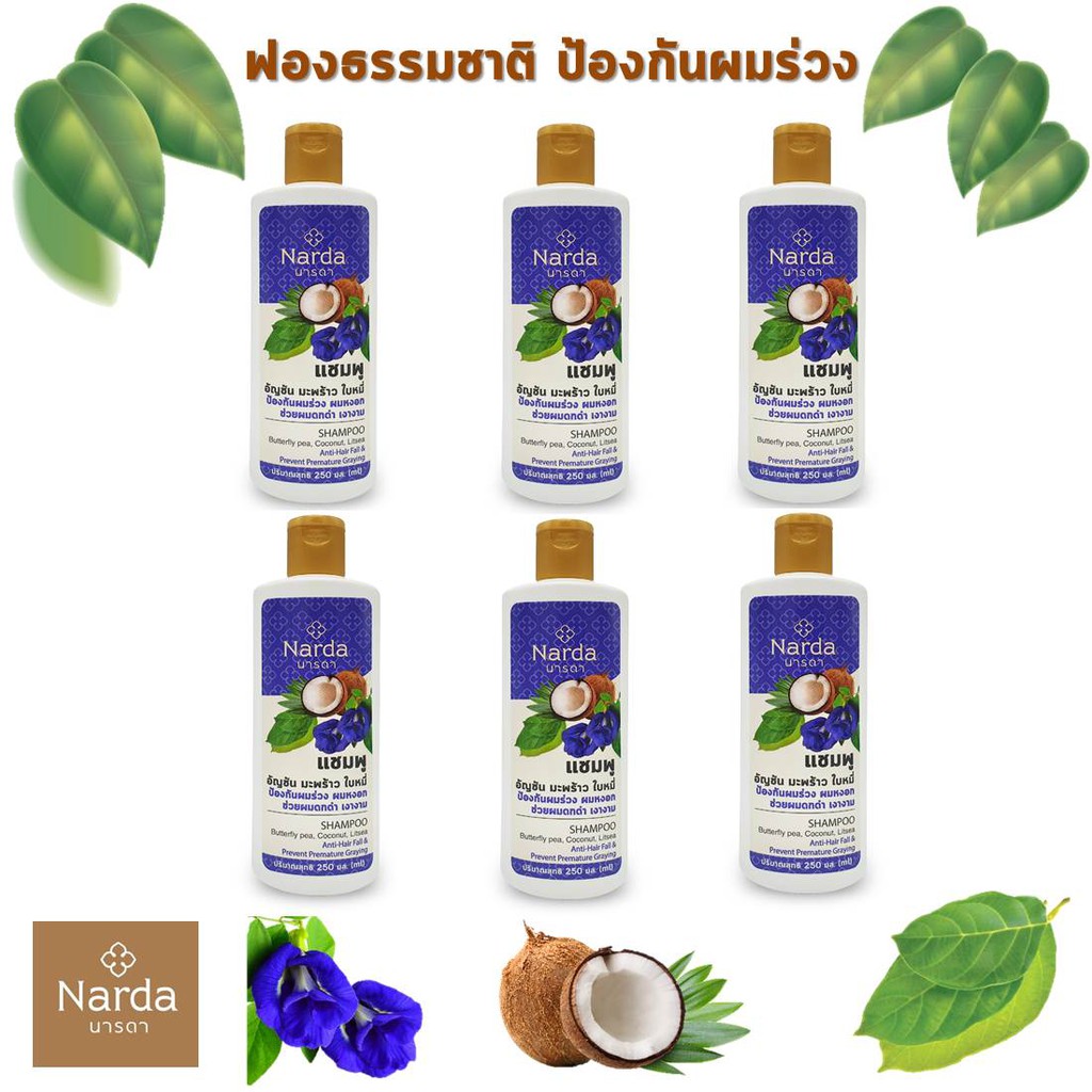Narda นารดาแชมพู อัญชัน มะพร้าว ใบหมี่ 250ml x 6 ขวด