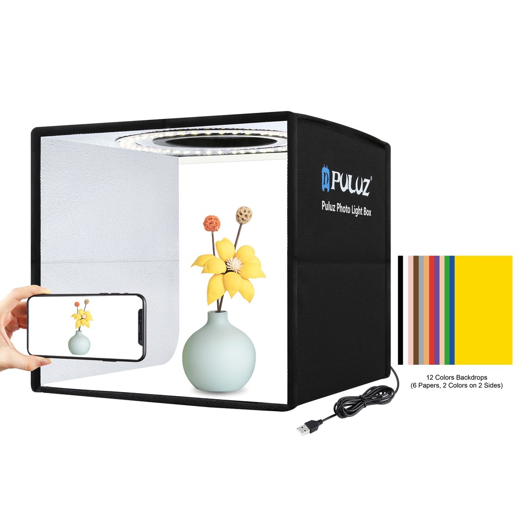 PULUZ 25CM กล่องไฟถ่ายภาพ สตูดิโอถ่ายภาพ กล่องถ่ายรูปสินค้า กล่องสำหรับถ่ายภาพ พร้อมไฟ LED ปรับไฟได้ พร้อมฉากหลัง12สี