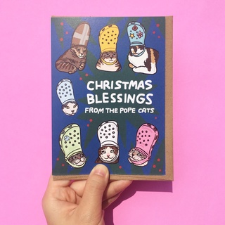 การ์ดอวยพร คริสต์มาส ปีใหม่ ลายแมว รุ่น Christmas Blessings from the pope cats แบรนด์ Chonky Goods by Ping Hatta. Studio