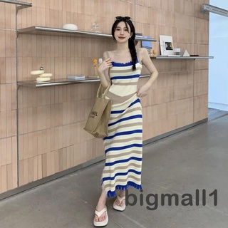 Bigmall- ชุดเดรสยาว แขนกุด ผ้าถัก พิมพ์ลายทาง แฟชั่นฤดูร้อน สําหรับผู้หญิง