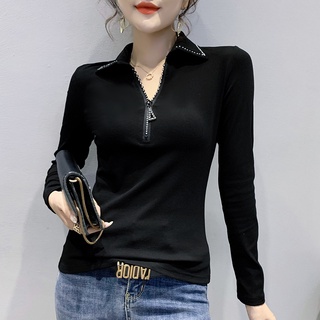 เสื้อเชิ้ตแขนยาว คอปก เข้ารูป แต่งซิป ประดับเพชร เข้ากับทุกการแต่งกาย สไตล์ตะวันตก แฟชั่นฤดูใบไม้ร่วง 2022 ไซซ์ M - 3xl