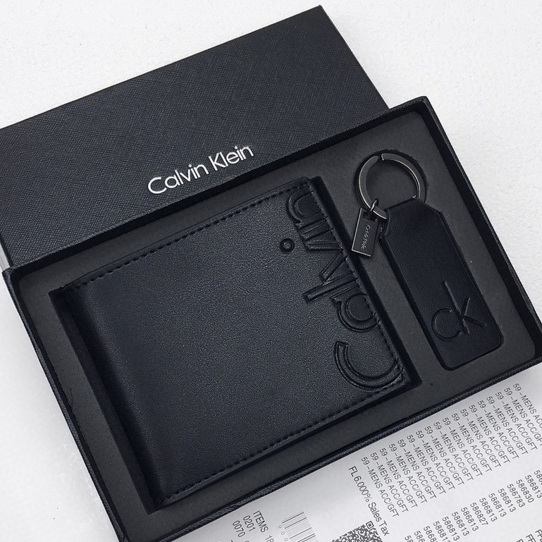 [ใหม่] Calvin Klein Fashion กระเป๋าสตางค์ผู้ชาย กระเป๋าใส่เหรียญแบบสั้นพร้อมพวงกุญแจ CK กระเป๋าสตางค์