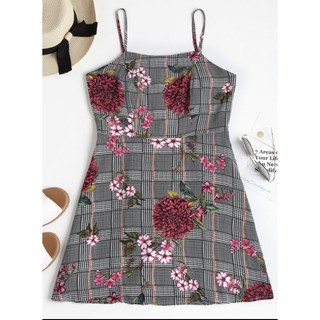 เดรสสั้น งานป้าย Zaful Houndstooth Floral Mini Apron Dress ไซส์ M