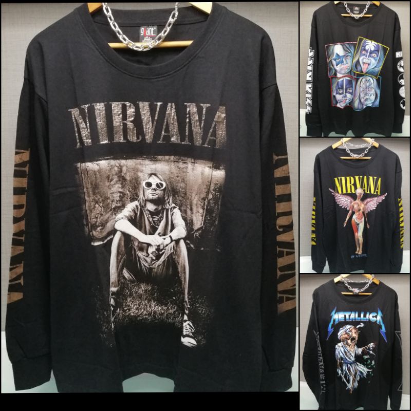 เสื้อยืดแขนยาวตัวใหญ่ NIRVANA อก48" ยาว30" สกรีนหน้า-หลัง-แขน ผ้าหนา,นุ่ม เสื้อแขนยาวสีดำ ลายวง KISS SlipKnot METALLICA