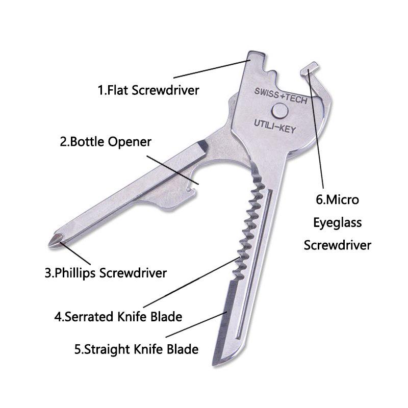 6-in-1 กลางแจ้งสแตนเลสพับพวงกุญแจสวิสเทค Utili ที่สำคัญอเนกประสงค์เครื่องมือมัลติฟังก์ชั่ตัดไขควงตั้งแคมป์