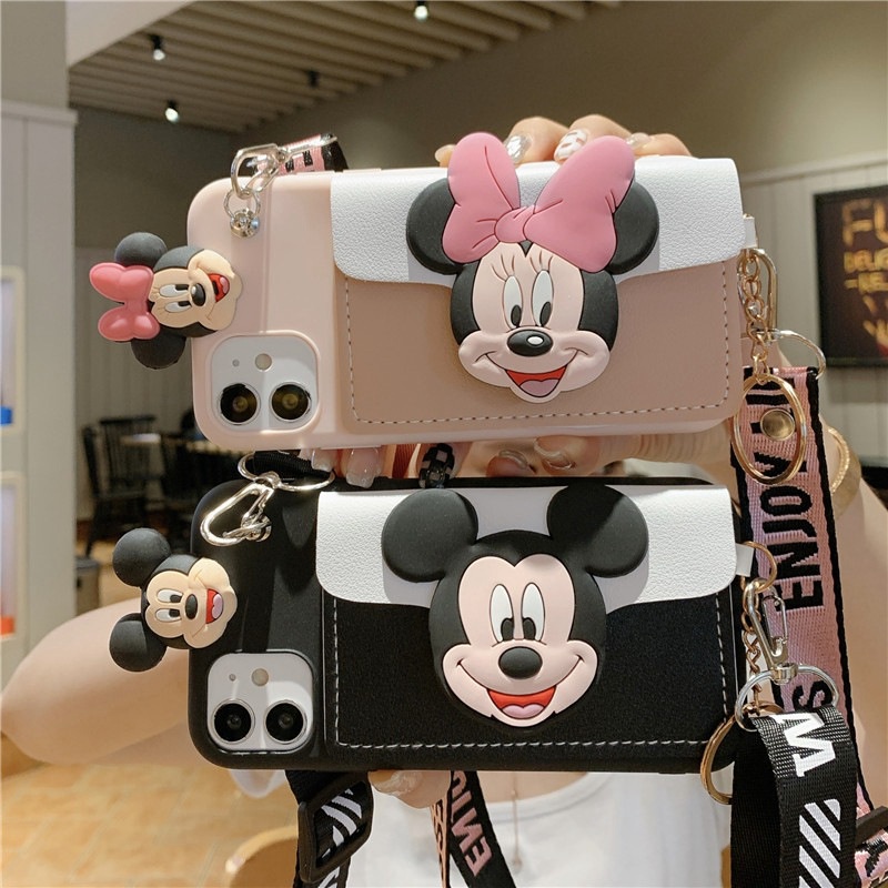 ปลอกสําหรับ iPhone 16 15 14 Pro Max 13 12 mini 6S 6 7 8 Plus 11 Pro X XR XS Max se 2020 เคสโทรศัพท์มือถือ ลายการ์ตูนมิกกี้ มินนี่เมาส์ พร้อมสายคล้อง และช่องใส่บัตร สําหรับ