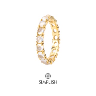 Simplish Jewelry แหวนเงินแท้ 925 พิรอดล้อมร่วมสมัยประดับพลอยมูนสโตนแท้ ชุบทอง 22 เค หนา 3 ไมครอน