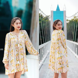 MASS Fashion : เดรสสั้นสีเหลืองแขนยาว สไตล์โบฮีเมียน Dress - Yellow Boho Dress