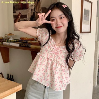 🍒สินค้าเฉพาะจุด🍒2022 New Japanese Sweet Puff Sleeve Bow Floral Shirt Short Top