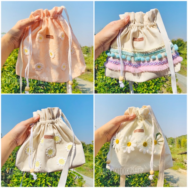 กระเป๋าหูรูด ผ้าดิบ แต่งลายไม่ซ้ำ สายผ้า | Shopee Thailand