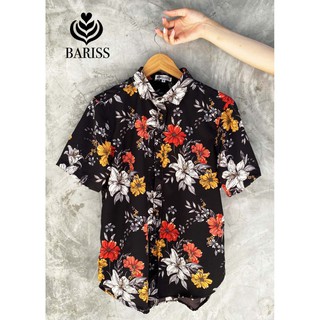 เสื้อเชิ้ตฮาวาย สไตร์Barissลายดอกดำ