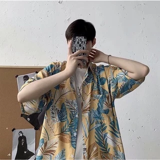 Knowyouเสื้อเชิ้ต ฮาวาย สีเขียว-ฟ้า แขนสั้น ชาย หญิง สไตล์เกาหลี เสื้อฮาวาย ผ้านิ่ม ใส่สบาย