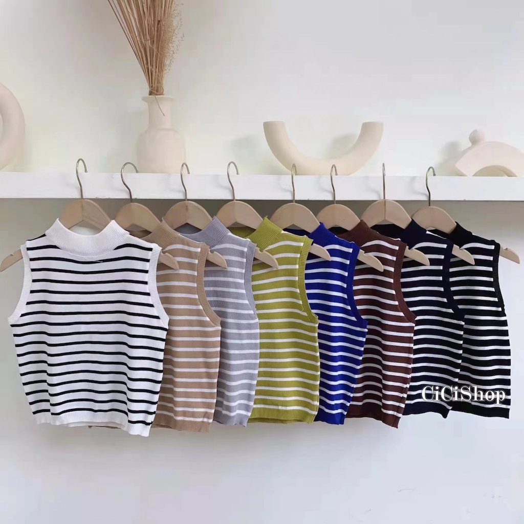 Cicishop(SALE/สุ่มสี BZ879)Knit Top เสื้อแขนกุดคอเต่าไหมพรมทอลายทางสไตล์โคเรีย