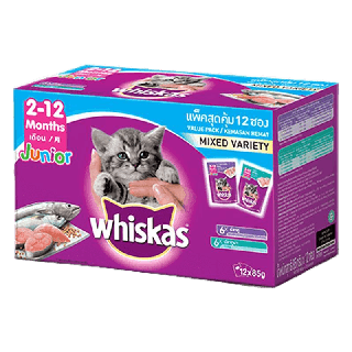 [12 PCS][MANOON] Whiskas Junior Multipack วิสกัส เพาท์ สำหรับลูกแมว รสปลาทูน่าผสมรสปลาทู ขนาด 80G