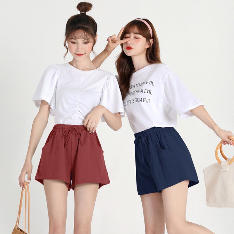 Janylucy 🐰 กางเกงขาสั้นผ้าฝ้าย กางเกงวินเทจ S-XL เอวยางยืด มีเชือกรัด 🌈