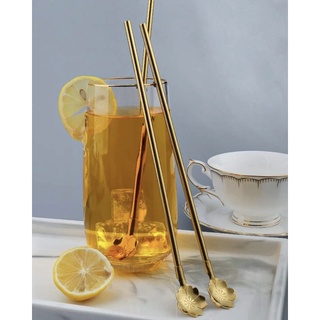 2in1 หลอด+ช้อน รูปดอกไม้ สแตนเลส สีทอง Flower Craved Spoon &amp; Straw Gold Stainless Steel