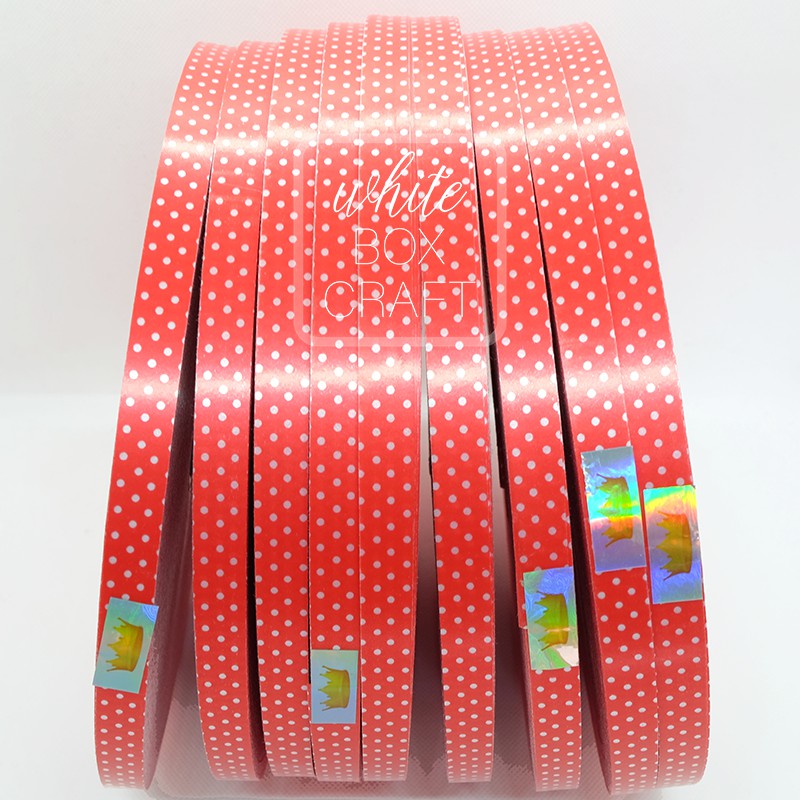 ริบบิ้น ลายจุด ตรามงกุฎ  สีแดงจุดขาว ม้วนใหญ่  350 หลา เบอร์ 2