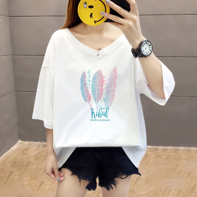 เสื้อยืดแขนสั้น คอวี ขนาดใหญ่พิเศษ แฟชั่นฤดูใบไม้ผลิ และฤดูร้อน สําหรับผู้หญิง ไซซ์ M – 5Xl มี 7 สไตล์ ราคา ถูกที่สุด ดีลบีเคเค แกลเลอรีภาพที่ 7