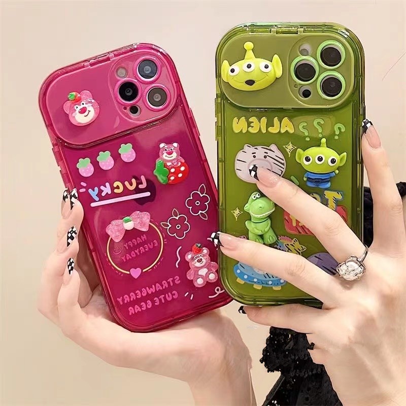 เคสโทรศัพท์มือถือกระจก ลายการ์ตูนหมี เอเลี่ยน สีแดง สําหรับ iPhone 14 Pro Max 14 Plus 14 Pro 13 Pro Max 12 Pro Max 11 X XsMax Xr