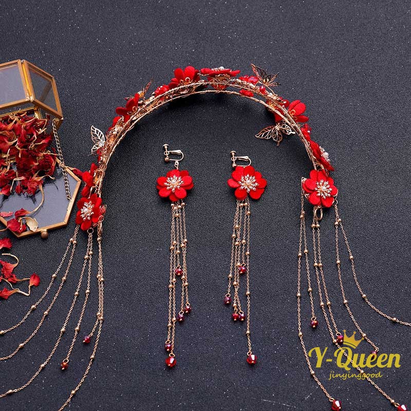 Chinese Traditional Gold Red Flower Bridal Headdress Hair Jewelry Handmade Long Tassel Headband Earr
