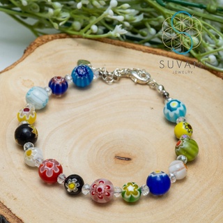 Suvani Jewelry - เงินแท้ 92.5% Venetian Murano Multi-Colored Glass Round Ball Bead สร้อยข้อมมือลูกปัดหลากสี