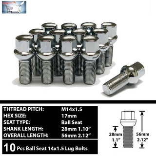 น็อตสลักเกลียวล้อ โครเมี่ยม M14X1.5 ก้าน 28 มม. สําหรับ Audi Porsche Golf Jetta Passat Tiguan 10 ชิ้น