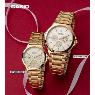 นาฬิกาคู่รัก Casio รุ่น MTP-V300G-7Aและ LTP-V300G-7A สายแสตนเลสสีทอง หน้าปัดขาว - ของแท้ 100% รับประกันสินค้า 1 ปีเต็ม