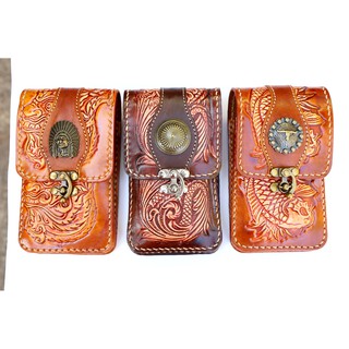 กระเป๋าใส่มือถือหนังแท้ ตอกลาย   ทรงตั้ง    เคสหนัง ซองใส่มือถือ Handmade