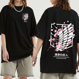 T-shirt  เสื้อยืด ผ้าฝ้าย พิมพ์ลายกราฟิกโลโก้การ์ตูนอนิเมะ Attack on Titan Mikasa Eren Jaeger Cherry Blossom สําหรับผู้ช