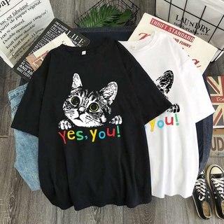 Yes, you cat เสื้อยืดแขนสั้นลําลอง ผ้าฝ้าย พิมพ์ลาย