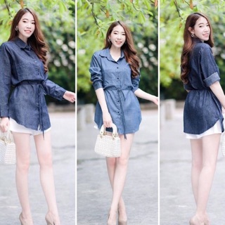 Fashion Set เสื้อคอปกสูท งานเนื้อผ้ายีนส์เทียม ผ่าติดกระดุมหน้ายาวตลอดแนว