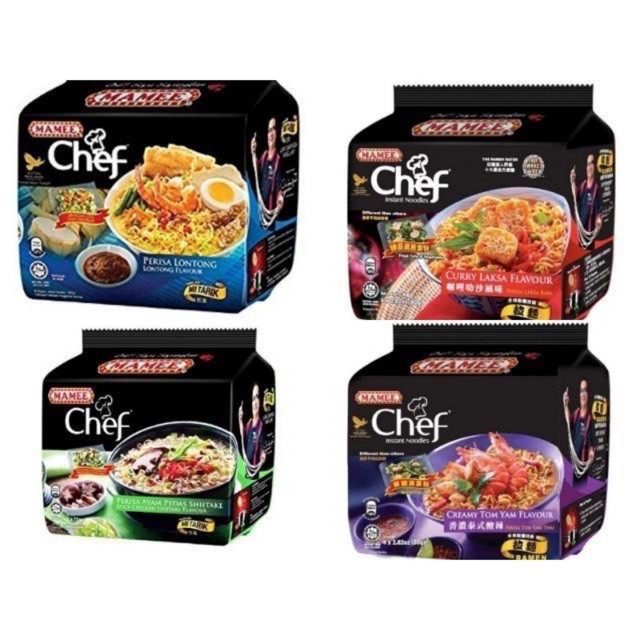 MAMEE Chef Mi Tarik 4's (TomYam 80g / Lontong 89g / Curry Laksa 80g/ Spicy Chicken Shitake 72g