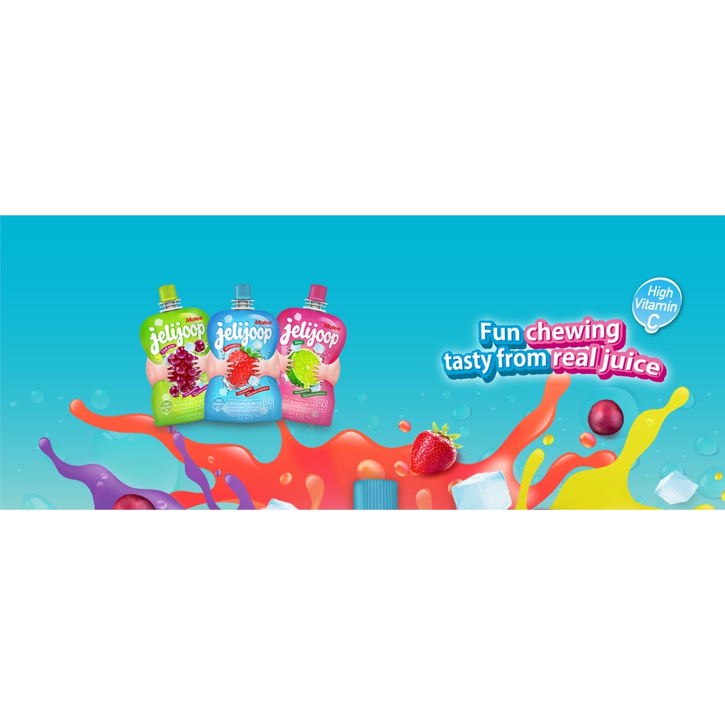 Malee jelijoop ขนมเยลลี่คาราจีแนนผสมน้ำผลไม้รวม 10% และวุ้นมะพร้าว (มีหลายรสชาติให้เลือก)