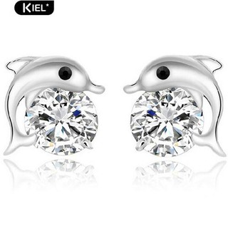 Kiel ตุ๊กตาบ่าวสาวน่ารักโลมาเงินชมพูเงิน CZ Cubic Zirconia ต่างหูสตั๊ดแต่งงาน