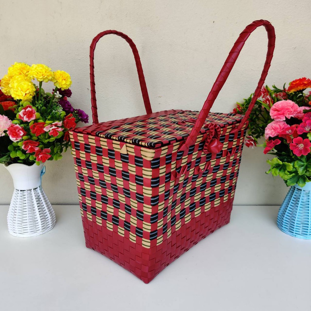 ตระกร้าสานเส้นพลาสติก มีฝาปิด กลาง ขนาด กว้าง20ยาว 29สูง 24.5 CMขอบปาก - รูปที่ 5