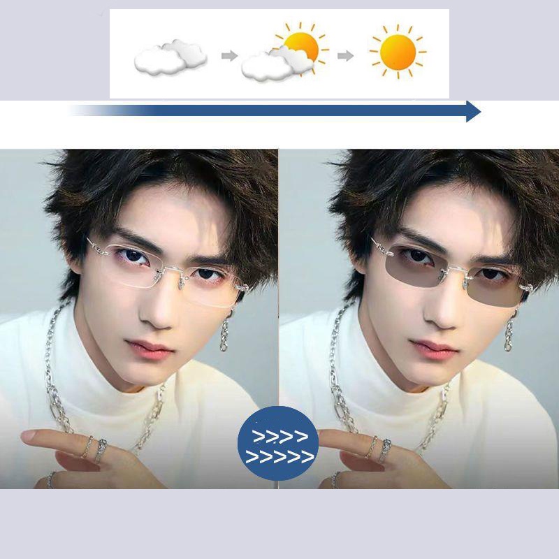 แว่นกรองแสงเลนส์ออโต้ ไร้กรอบ กรอบแว่นตา ผู้ชาย ผู้หญิง Autoเปลี่ยนสี บล็อกแสงจ้า ป้องกันแสงสีฟ้า  UV400 ป้องกันรังสียูวี ออกแดดเปลี่ยนเป็นสีเทาดำโดยอัตโนมัติ สี่เหลี่ยม