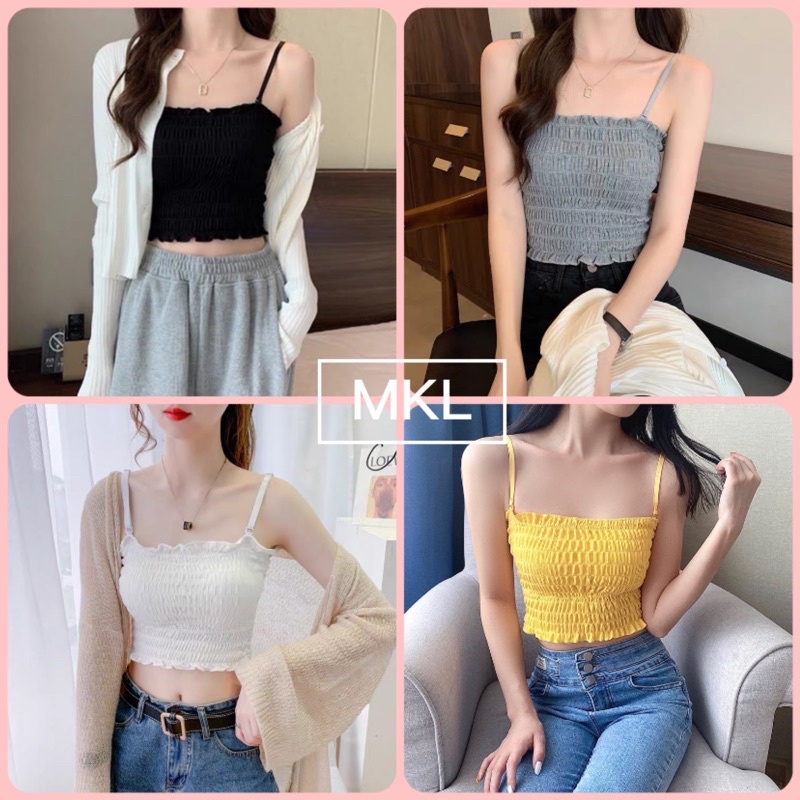 MKL เสื้อครอปสายเดี่ยว ทรงเกาะอกสม็อคด้านหน้าหลัง ถอดสายได้ มีฟองน้ำในในตัว มี 6 สี ให้เลือก #722