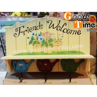 ชั้นวางของพร้อมที่แขวนกุญแจ งานไม้เพ้นท์ลาย welcome friends สวยมาก